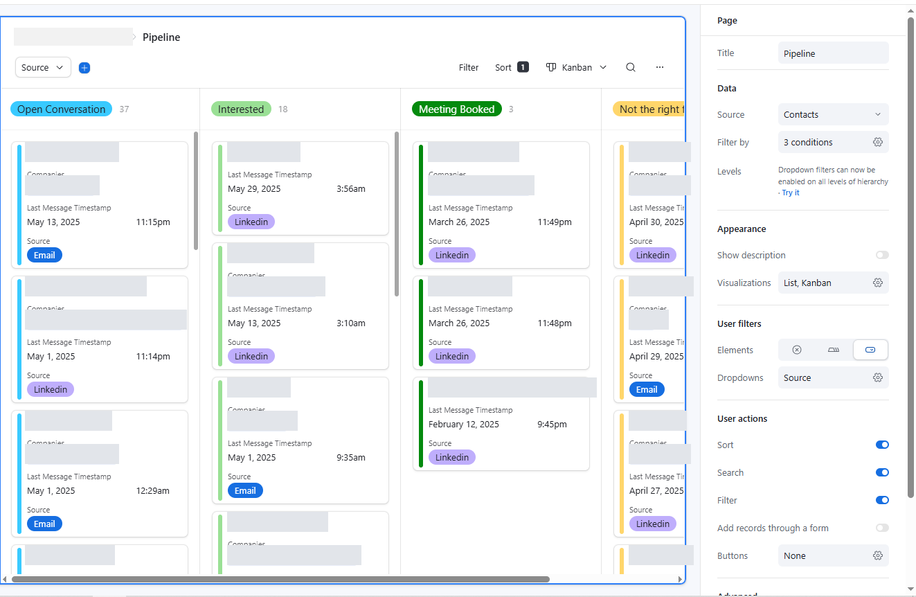Airtable kanban pipeline interface with stages for open conversation, interested, meeting booked, and not the right fit, with lead names and companies redacted