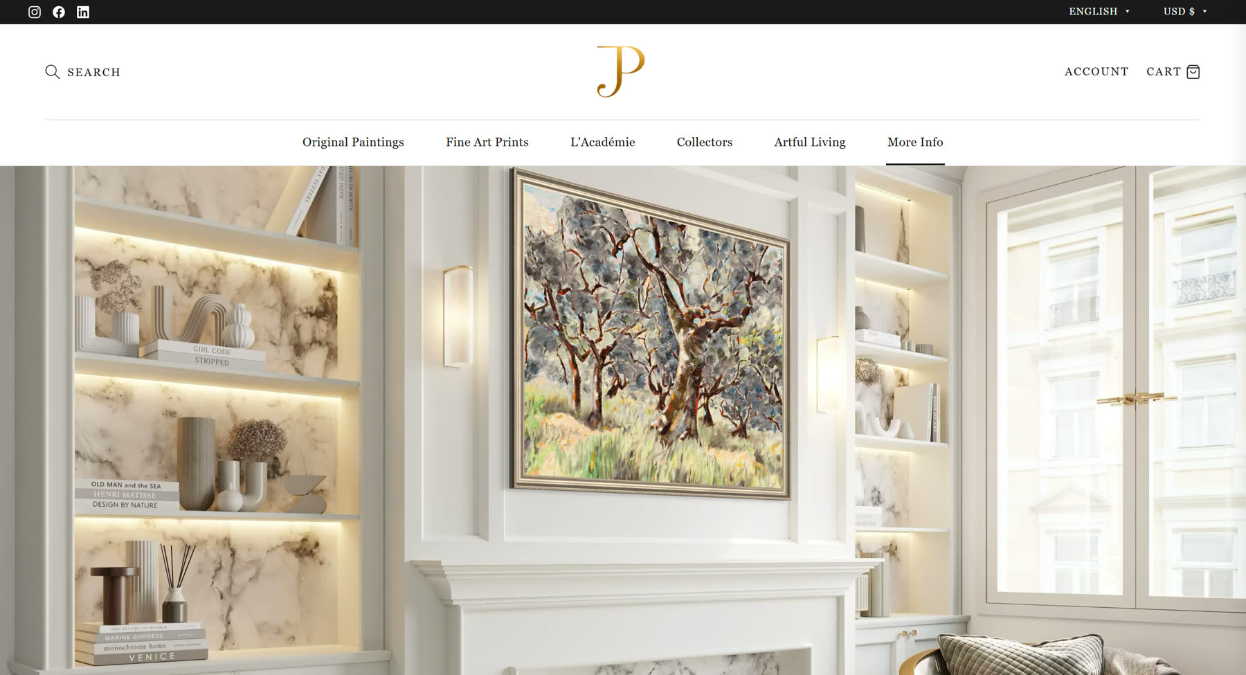 Custom Shopify art storefront built for Juliane Porter, showing a gallery hero with a framed original painting in an elegant interior and a navigation menu for original paintings, fine art prints, and collectors