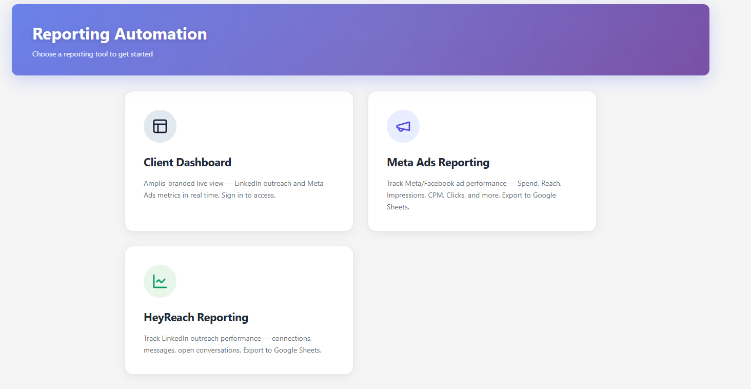 Reporting Automation suite launcher with three tools: a branded live client dashboard, Meta Ads reporting, and HeyReach LinkedIn outreach reporting