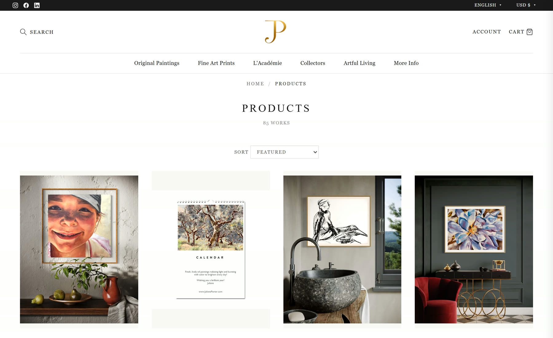 Custom Shopify storefront product collection page built for an artist, showing framed original paintings styled in interior room mockups across a clean responsive grid
